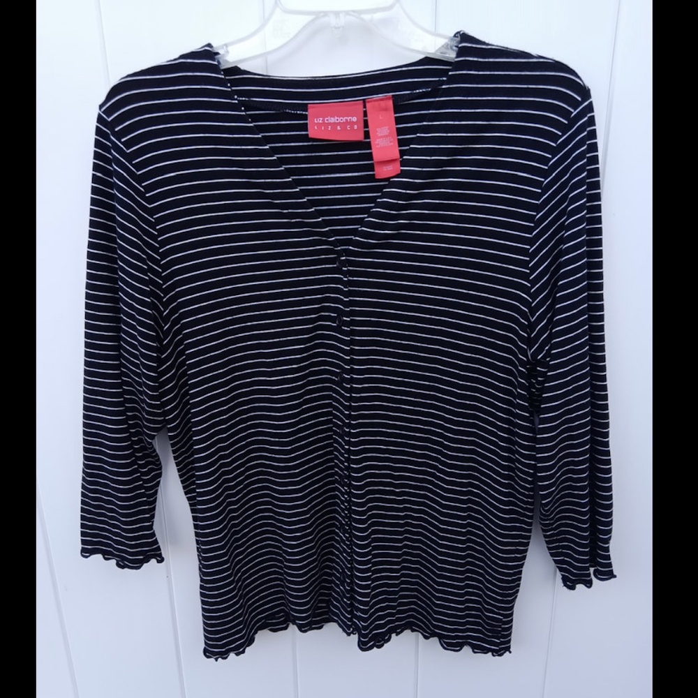 Liz Claiborne  Cardigan Sweater Womens Black / White Striped 3/4 Sleeve Shirt